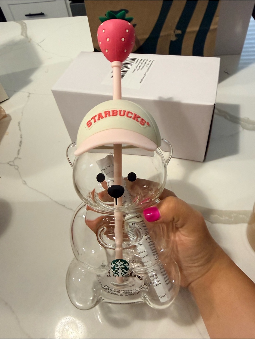 Starbucks Clear Bear Kids Cup with Pink Straw and Strawberry Topper